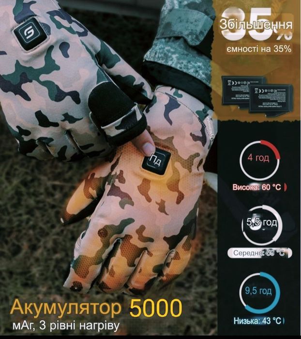 Рукавички з підігрівом зимові перчатки з повербанк камуфляжні