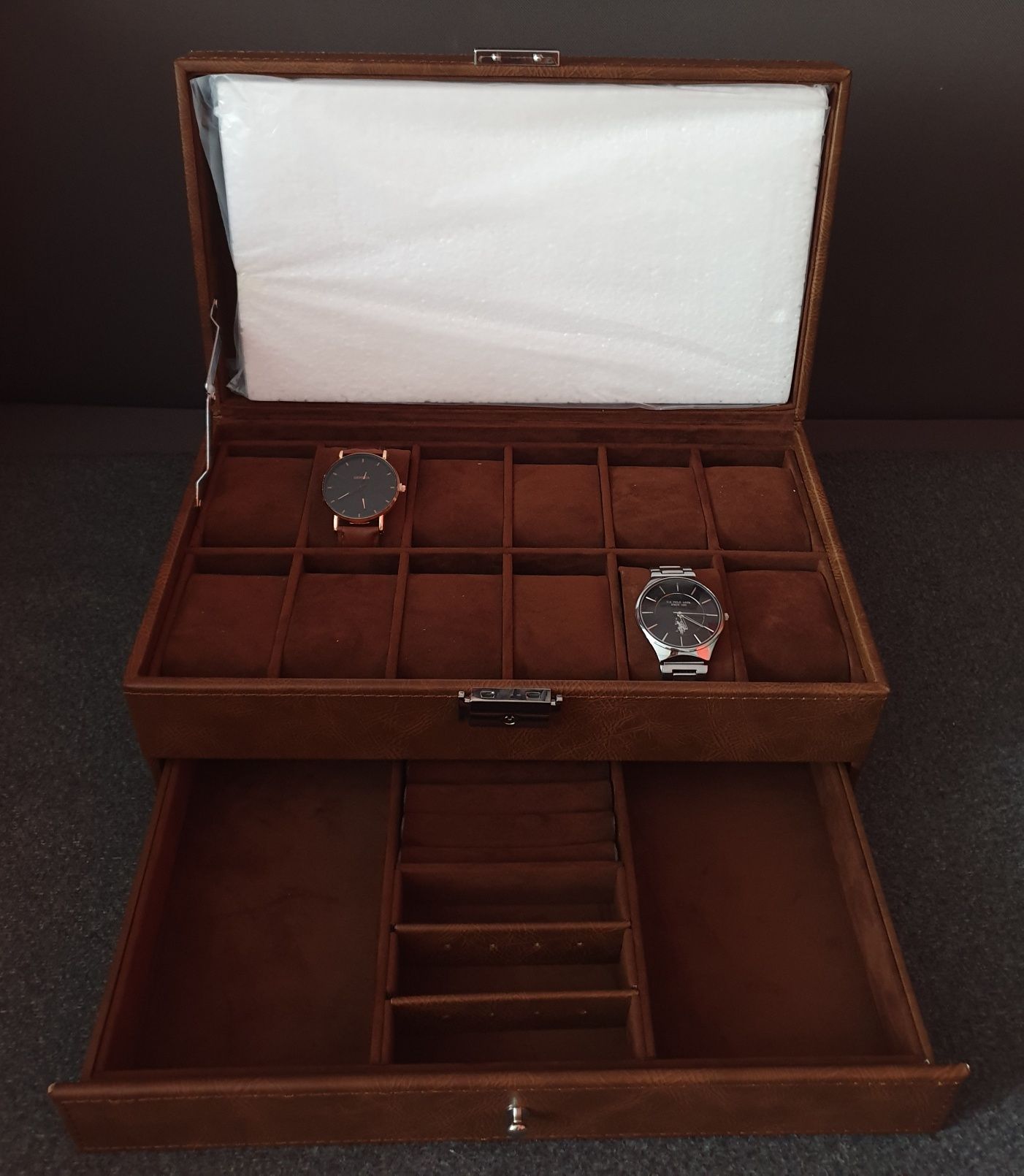 NOWY Kuferek na zegarki 12szt i biżuterię Skrzynka Organizer Szkatułka