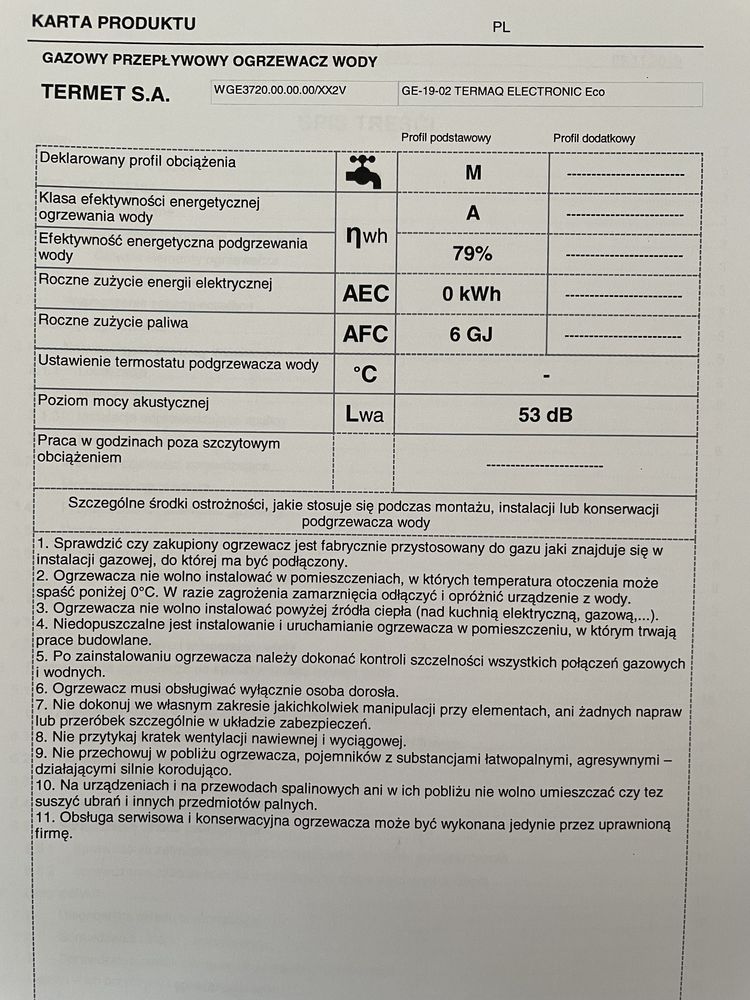 Przepływowy podgrzewacz wody Termet Termaq Ge-19-02