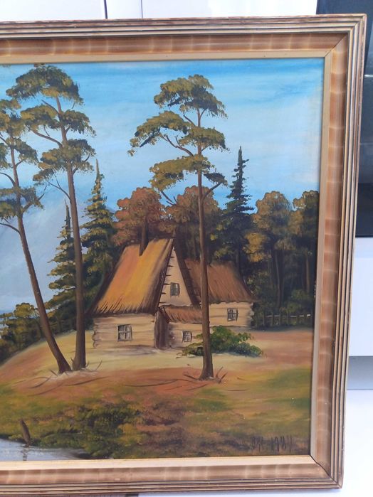 Obraz olejny Chata nad Jeziorem / MK 1984 / drewniana rama / 86 x 56,3