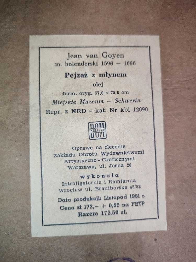 Pejzaż z młynem Jean van Goyen reprodukcja stan bdb