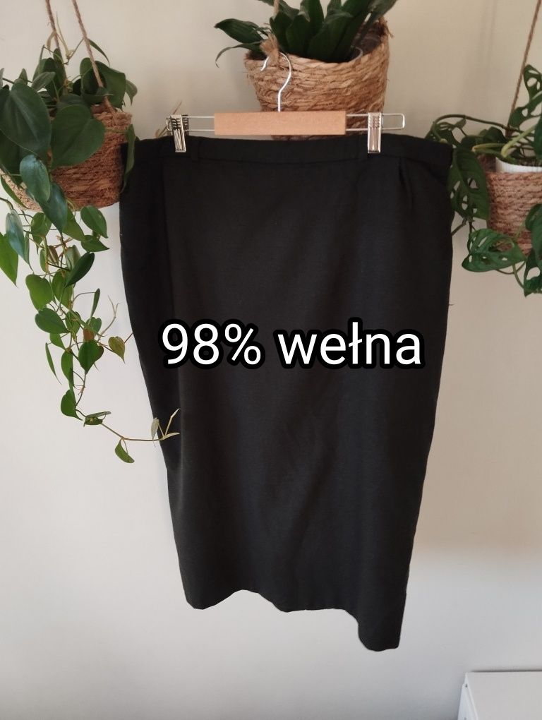 Prosta spódnica midi, wełniana, ciepła, khaki, ciemnozielona, plussize