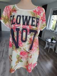 R.40 kremowy t-shirt kwiaty napis lato