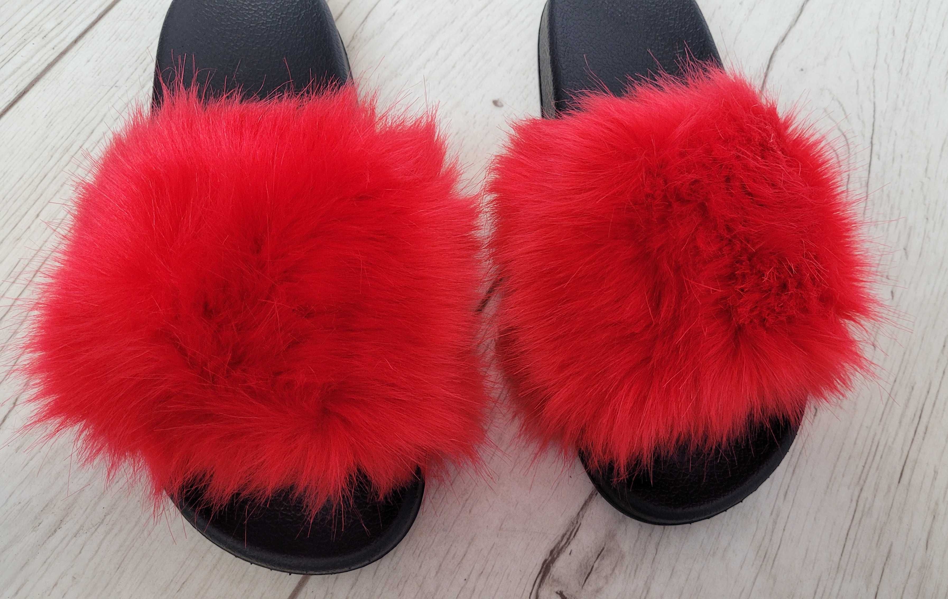 Klapki rozm 36-41 z futerkiem papucie buty CZERWONE TU KUPUJESZ 37