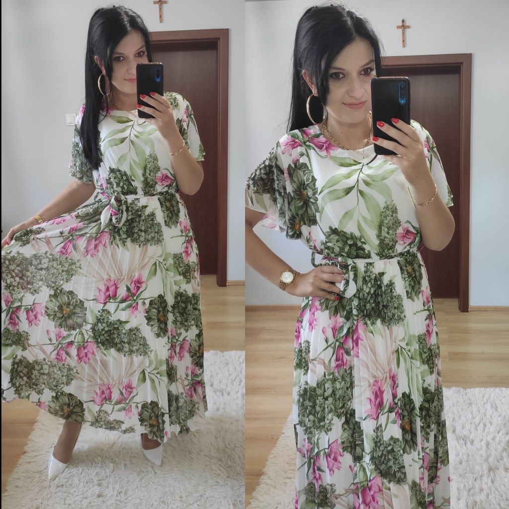 Sukienki długie maxi w kwiaty plisowany dół wesele impreza chrzciny