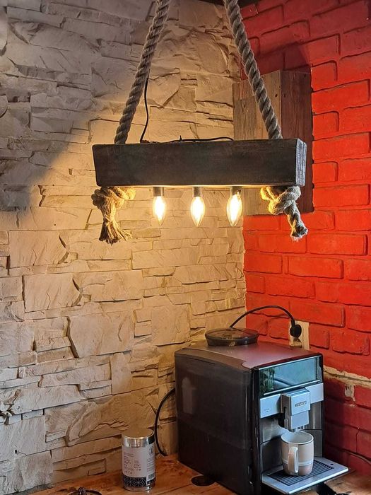LAMPA WISZĄCA LOFT / INDUSTRIALNA z Belki Drewnianej i Liny Jutowej