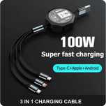 Kabel zwijany 3w1 microUSB, USB C, lightning 1,2 metra 100W ośmiokąt
