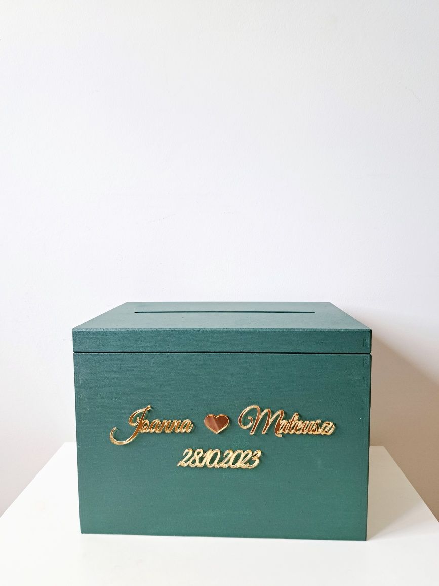 Personalizowane pudełko na koperty butelkowa zieleń lustrzany złoty