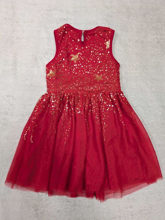 Czerwona świąteczna tiulowa sukienka w gwiazdki cekiny 128 jak nowa