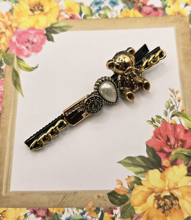 Miś misio złota spinka do włosów krokodylek glamour