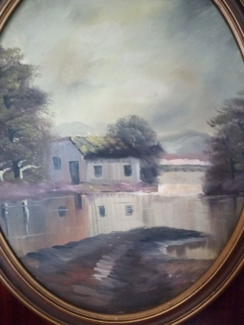 Antiga pintura de paisagem em óleo sobre platex com moldura