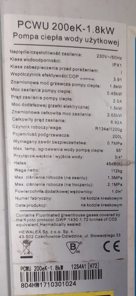 Pompa ciepła 200l CWU HEWALEX 200ek 1.8