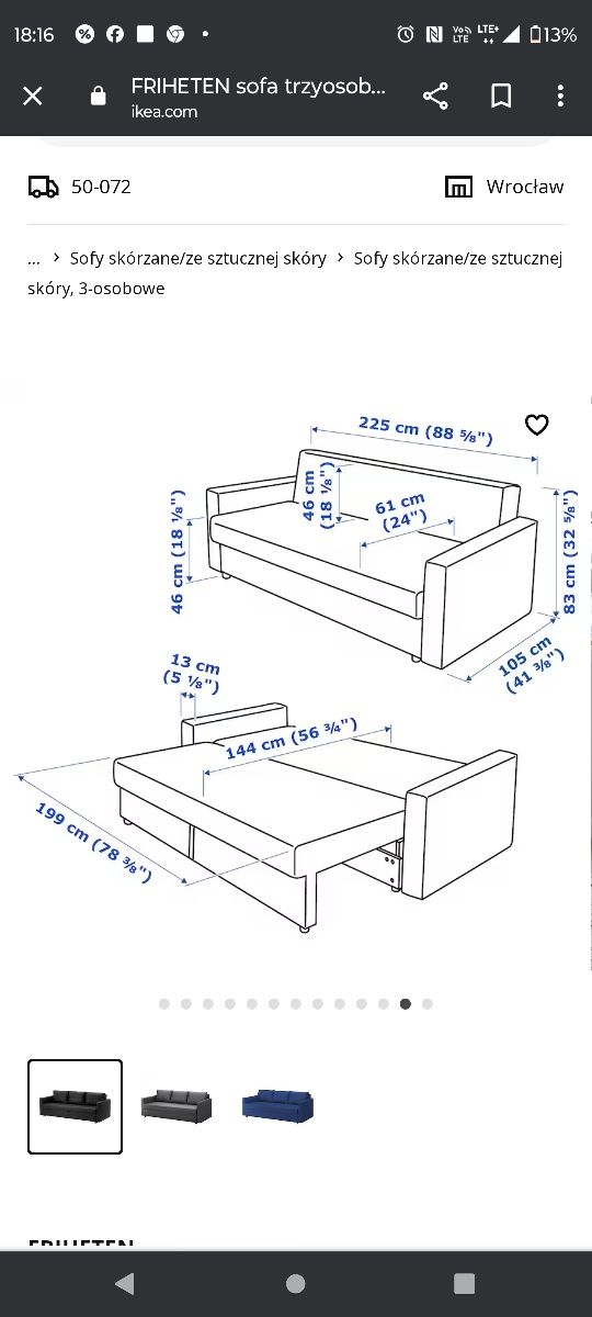 Sofa 3 osobowa JAK NOWA rozkładana; FRIHETEN BOMSTAD czarna firmy IKEA