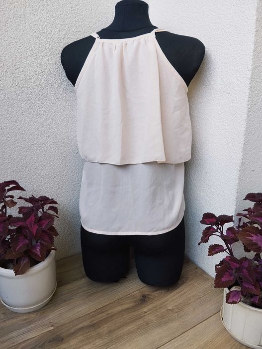 pudrowy top boho oversize XS na ramiączkach wiązany hippie elegancki