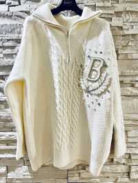Sweter gruby Premium ecru B perełki cyrkonie UNI