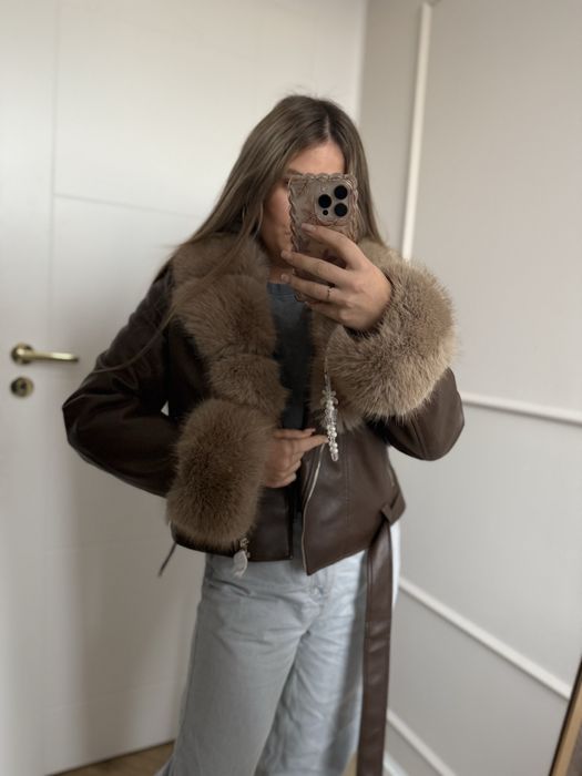 Kurtka nowa zimowa brązowa czekoladowa z futrem, eko skórzana S/M