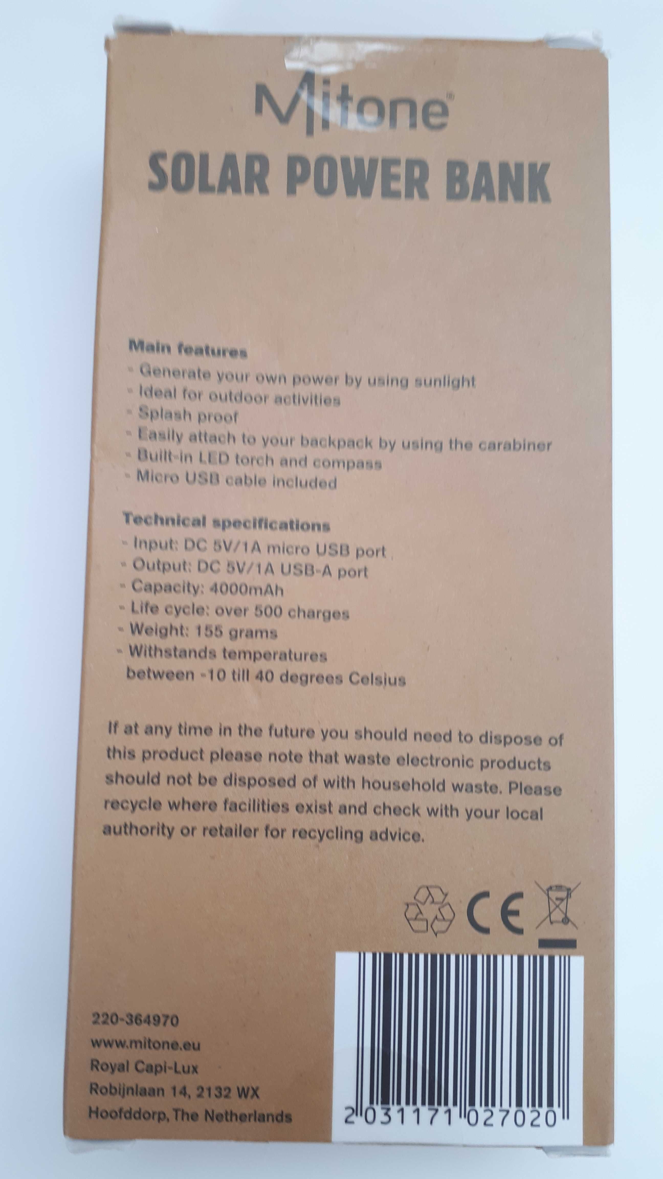 Powerbank solarny z kompasem, diodą LED i karabińczykiem (nowy)