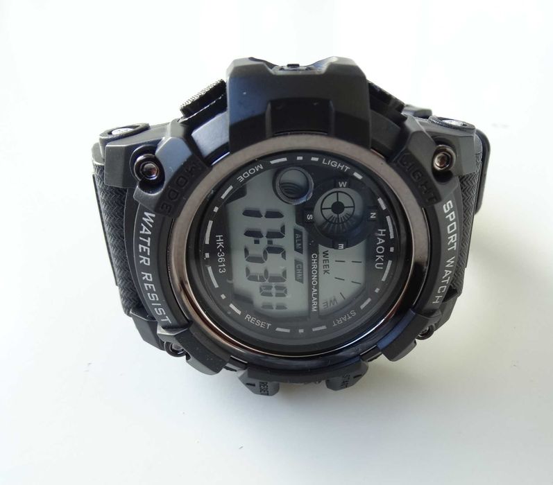 Wojskowy czarny zegarek męski elektroniczny sportowy datownik stoper