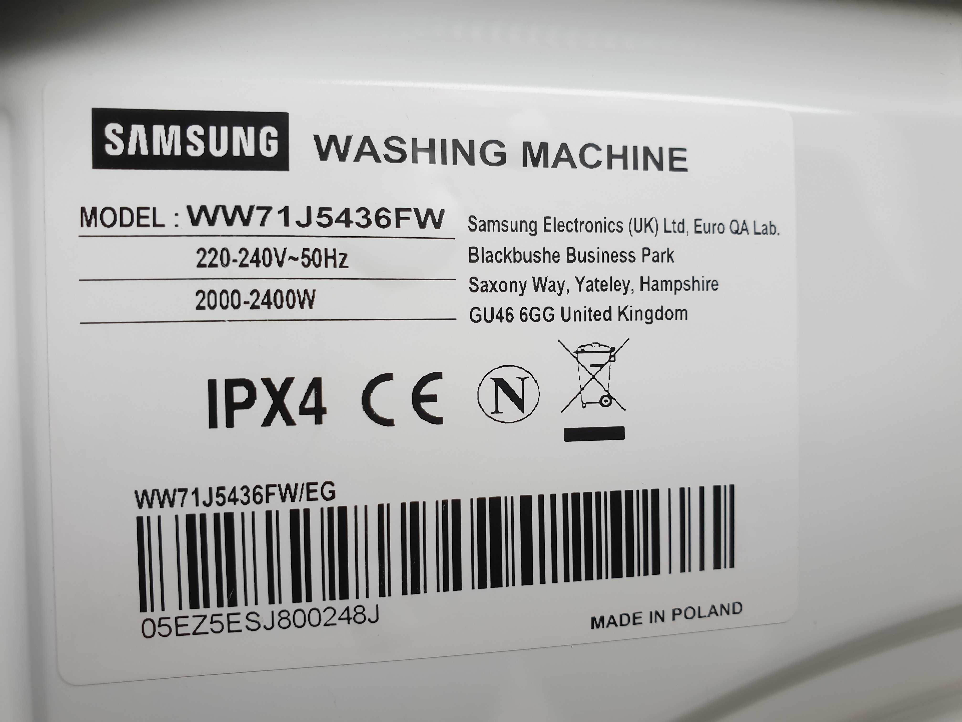 Пральна/стиральная/ машина SAMSUNG 7 KG / WW71J5436FW