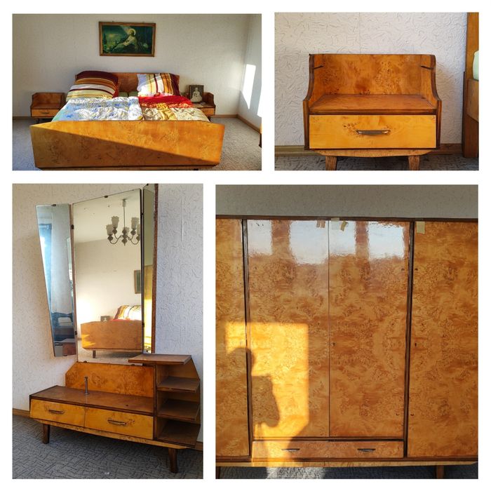 Komplet mebli z PRL - łóżko, szafa, stoliki nocne, toaletka