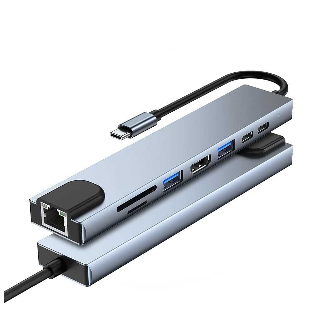 USB Type-C Хаб 8 в 1 [HDMI 4K, LAN 100М, PD 87W, USB 3.0 SS, TF/SD]