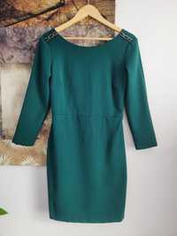 Sukienka Zara M L 38 40 butelkowa zieleń zdobione ramiona długi rękaw