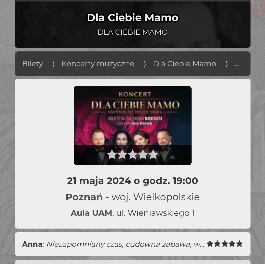 Dwa bilety na koncert "Dla Ciebie Mamo" 21.05

Czytaj więcej na: https