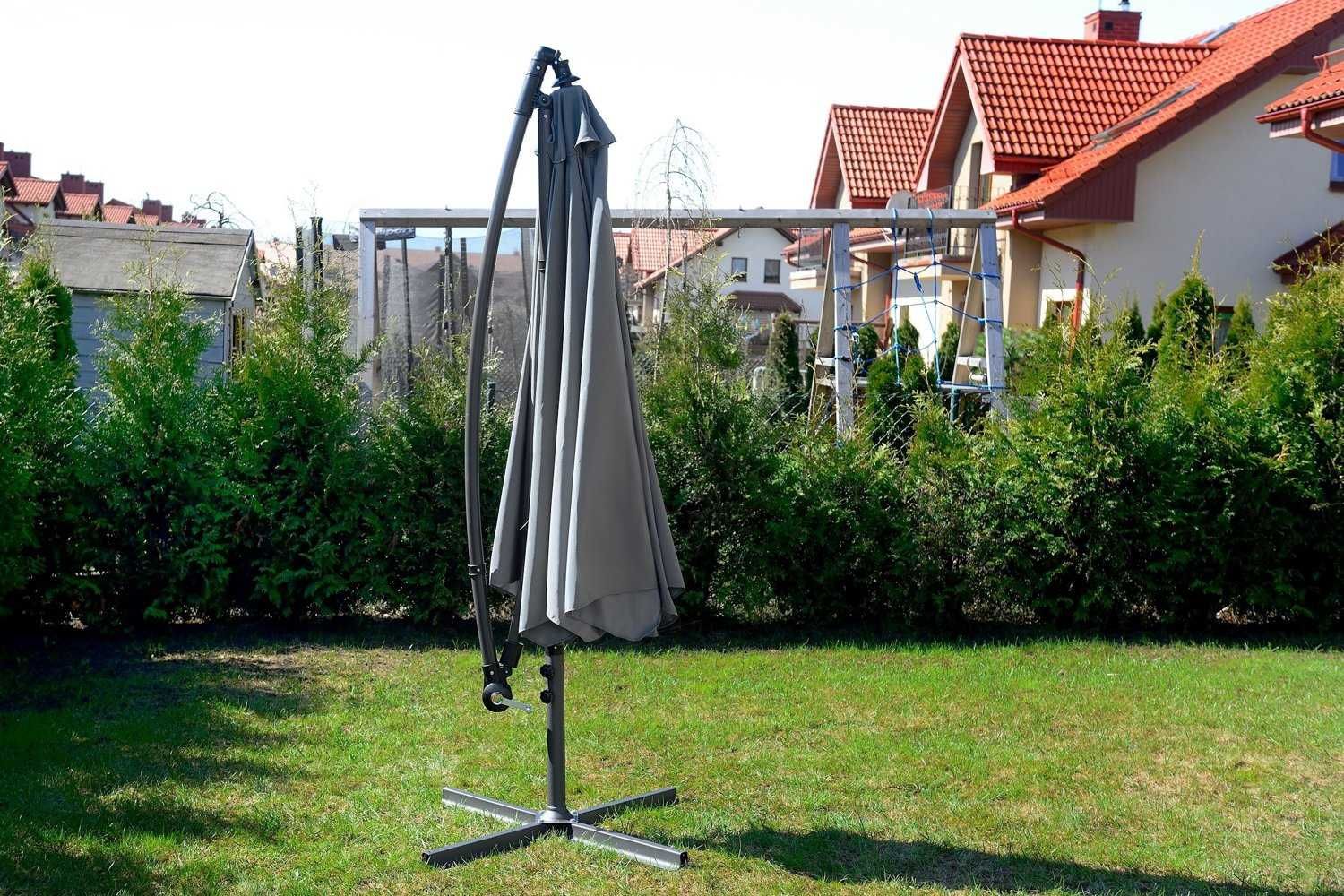 Parasol Ogrodowy Duży Składany Wysięgnik 350cm Szary Falbany Tarasowy
