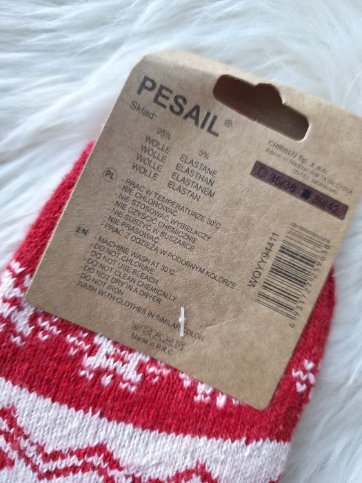 Alpakowe skarpety świąteczne wełniane czerwono białe 39-42