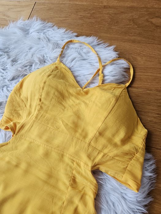 Żółta musztardowa letnia midi długa podpasowana sukienka M