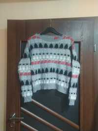 Sweter świąteczny bawełniany błyszczący choinki bałwanki 36 S