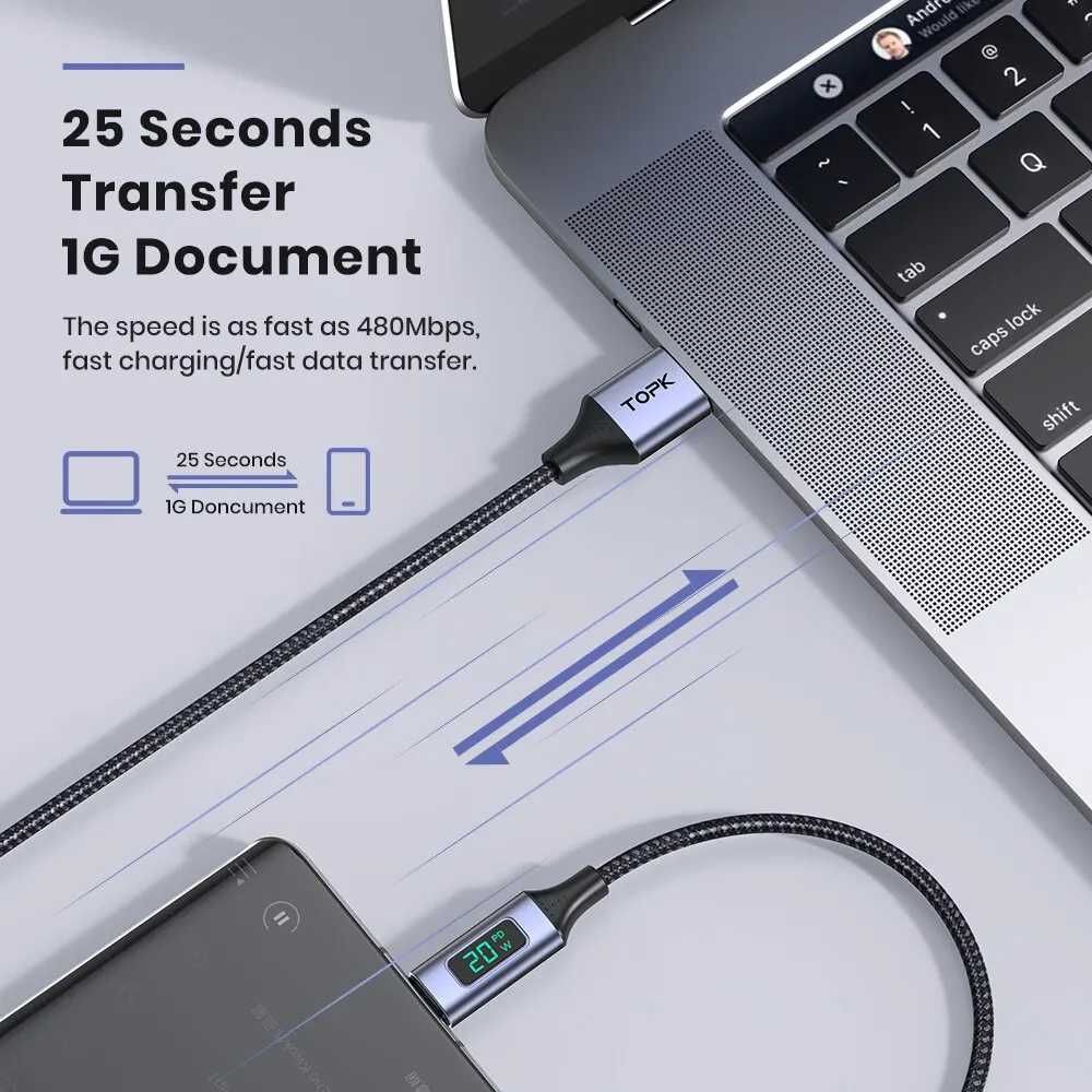 Kabel TOPK USB-A microUSB 3A z Cyfrowym Wyświetlaczem LED - Szary QC 1