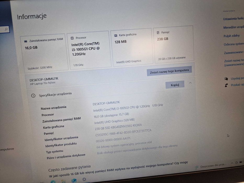 HP 15s fq1102nw/ i3-1005G1/ 16GB/ 256GB/ 15.6" FHD/ W10/ Grade A