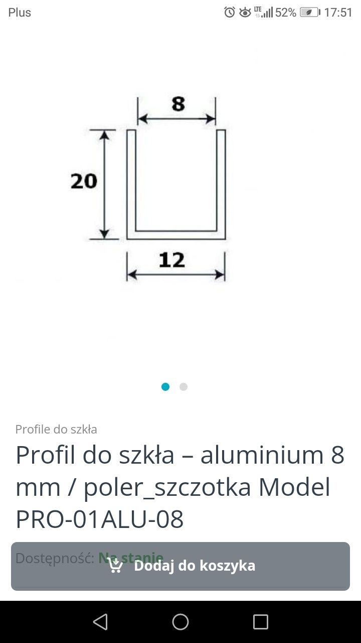 Aluminiowy profil U przeznaczony do montażu szkła o grubości 8mm