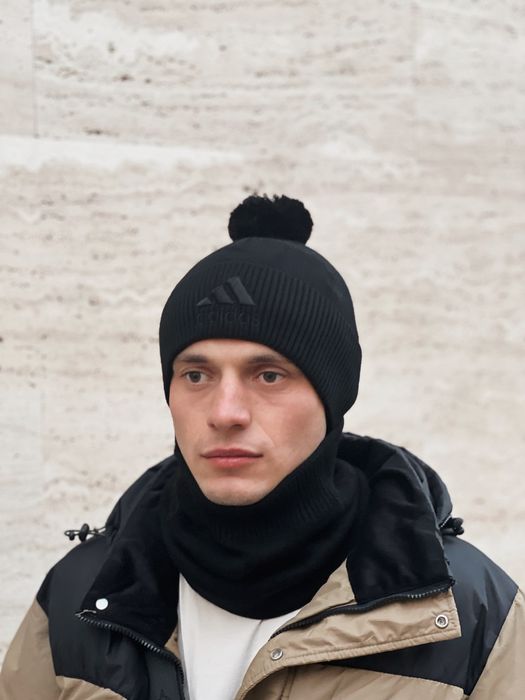 Мужская ШАПКА+БАФ ADIDAS з помпоном на флисе Зимний комплект утепленны