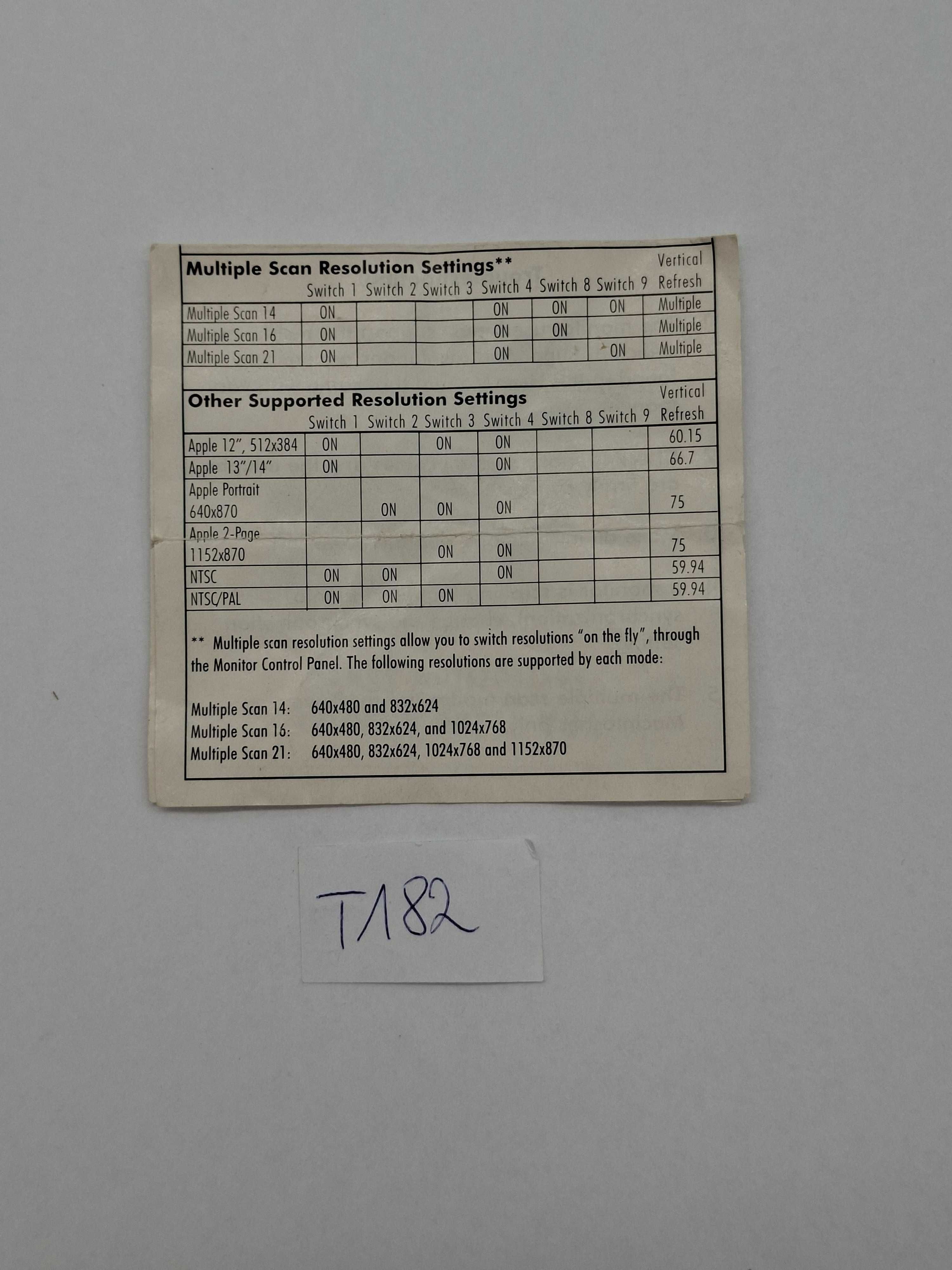 Video Adapter Dip switch Settings T182
