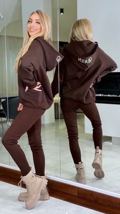 Komplet czekoladowy Quenn bluza ocieplana  legginsy r.M
