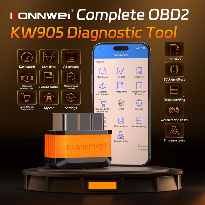 Interfejs Konnwei KW905 Czerwony ELM327 OBD2 Bluetooth 5.0 ANDROID iOS