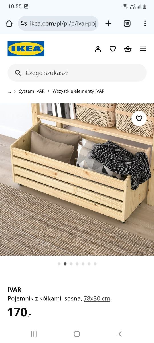 Ivar IKEA Regał, sosna, 89x30x179 cm +
Pojemnik z kółkami, so