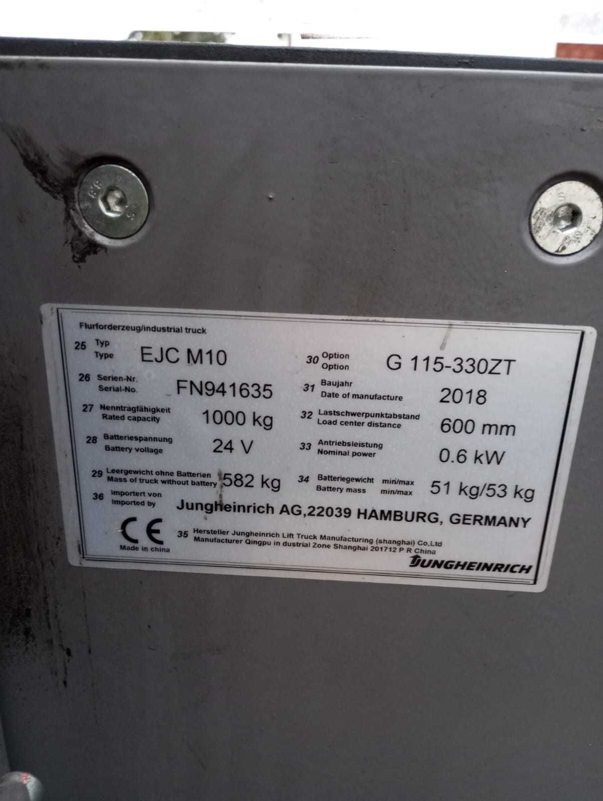 Wozek paleciak elektryczny Jungheinrich z masztem EJCM10 2018r