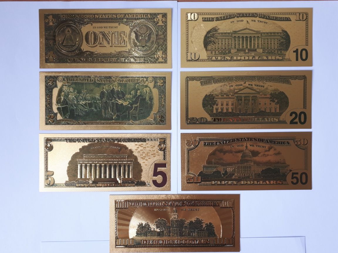 Подарок Сувенирные "золотые" банкноты купюры доллары набор 7 штук