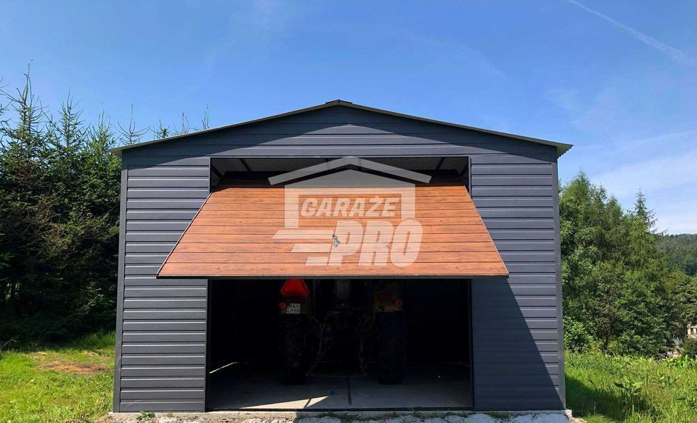 Garaż blaszany 5x5 Brama antracyt + drewnopodobny dwuspadowy  GP87