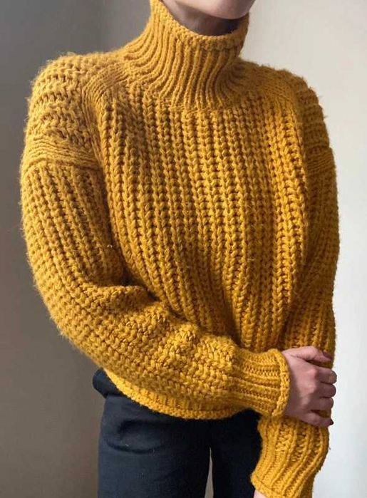 musztardowy gruby golf sweter damski S h&m 36 mięsisty ciepły puchaty