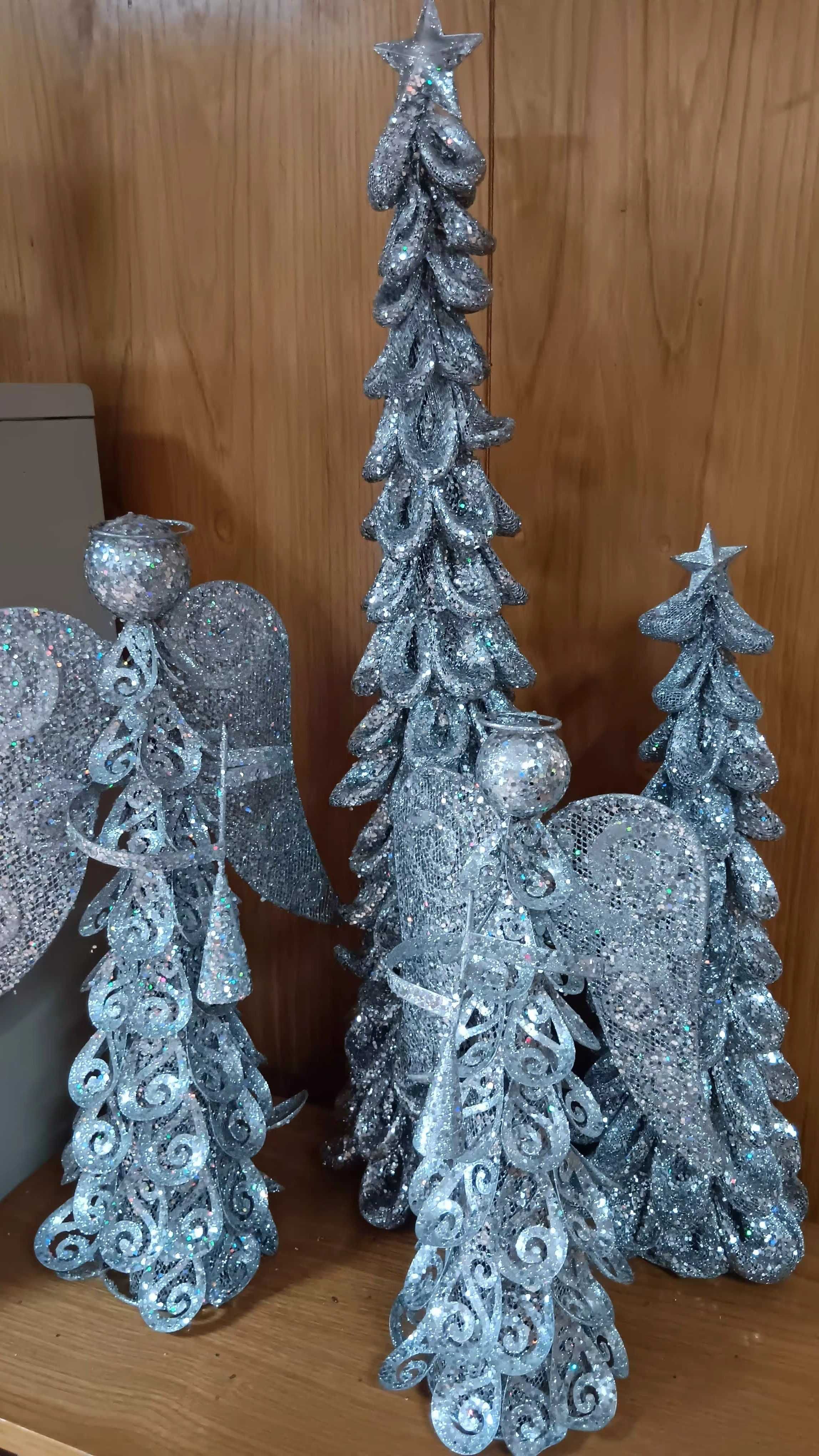 Conjunto árvores Natal e anjos purpurina