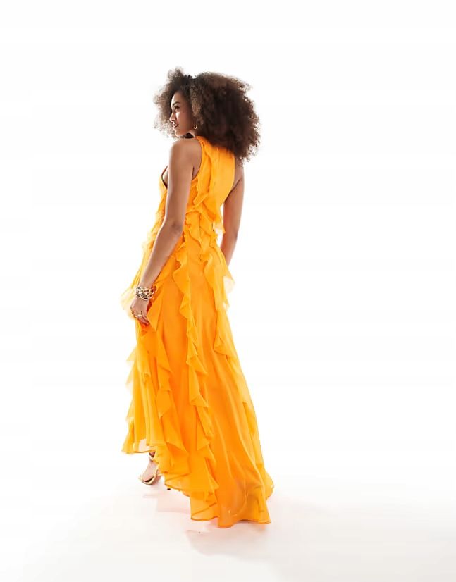 Asos Design 38 M Pomarańczowa Sukienka Z Falbanami Maxi J28826