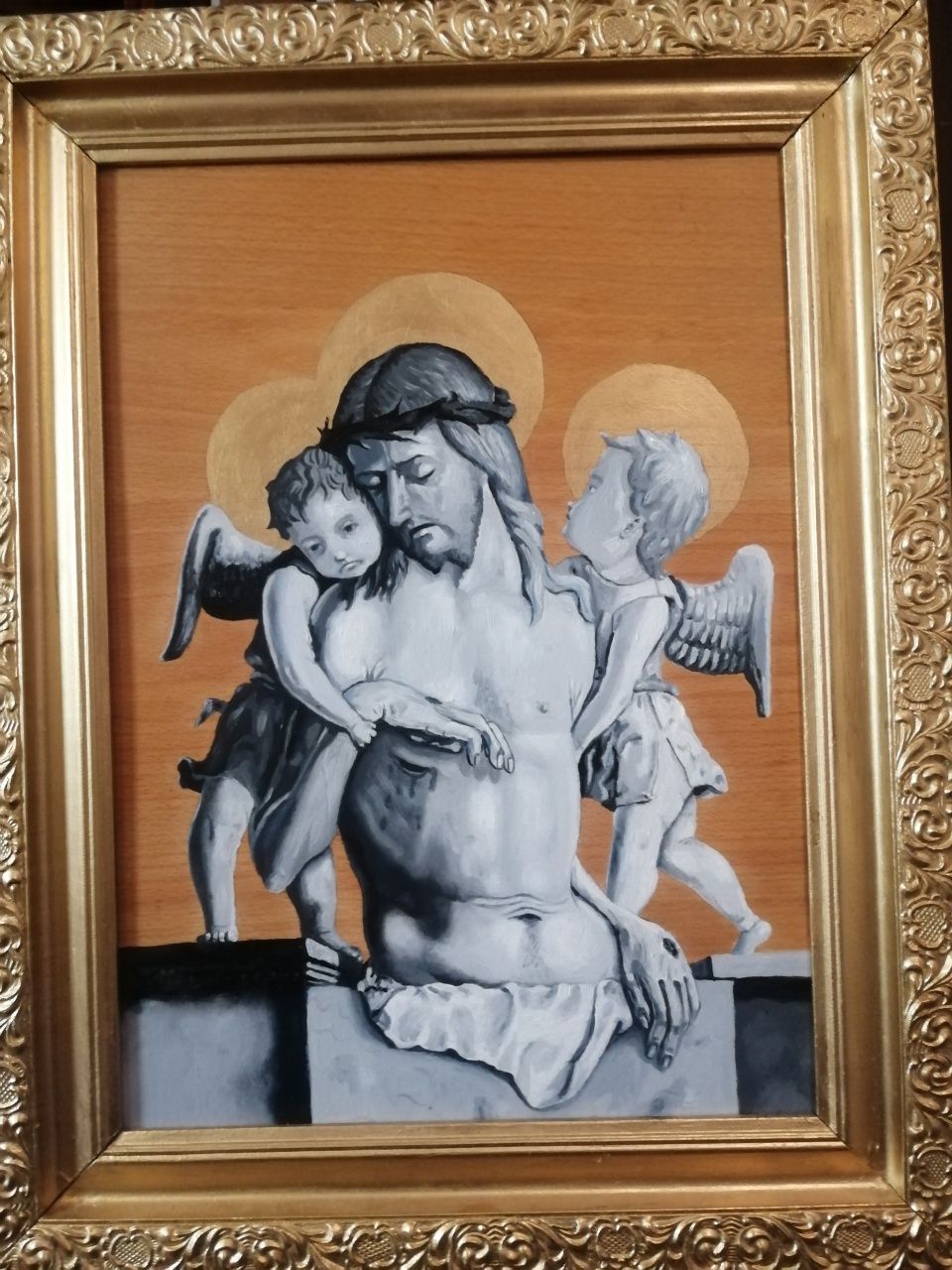 Pieta. Jezus Chrystus opłakiwany przez aniołów. Obraz olejny.