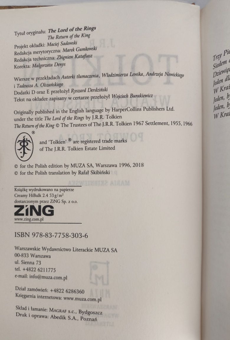 Władca pierścieni, Tolkien Wydawnictwo Muza 2018