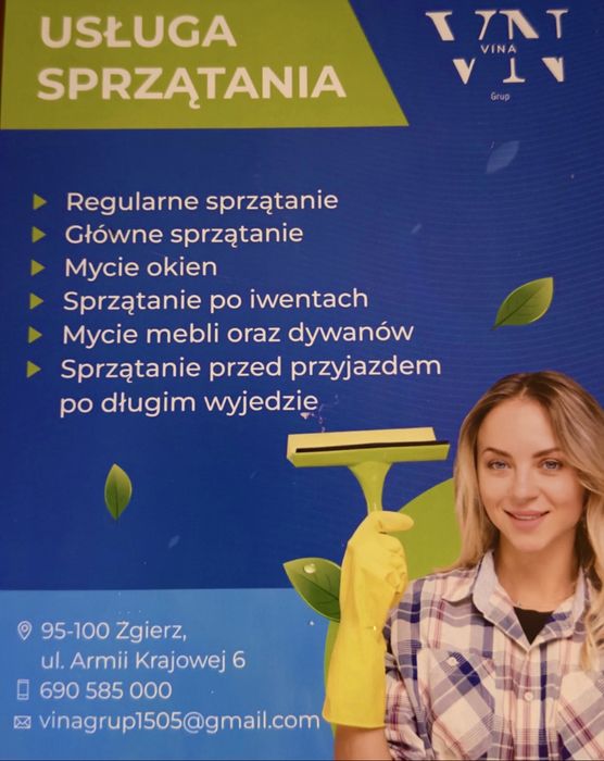 sprzątania /mycie okien/czyszczenie sof i dywanów