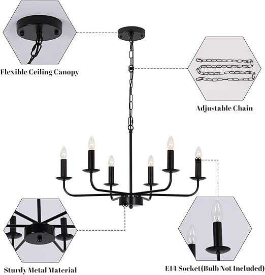 Klasyczny czarny żyrandol 6-ramienny, E14, regulowana wysokość