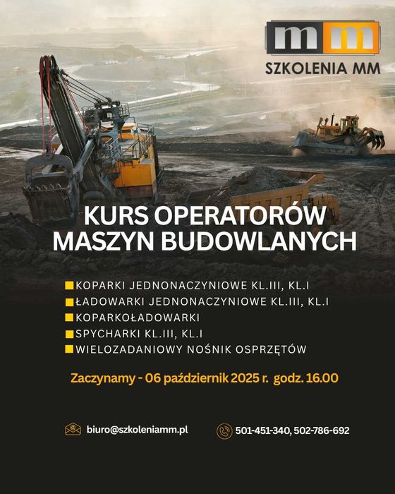 Kurs operatora Koparki, Koparkoładowarki, Ładowarki, Spycharki